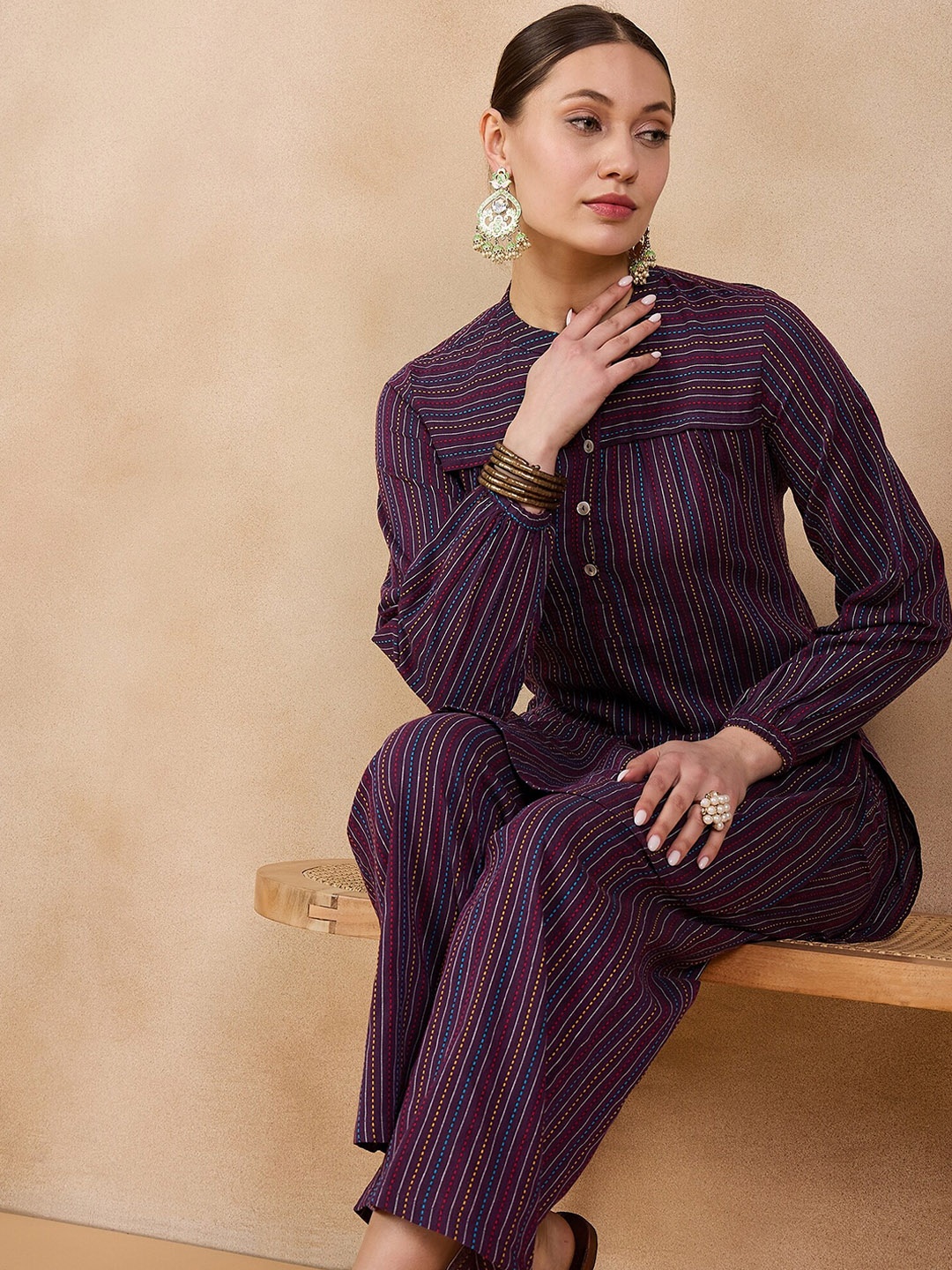 

Anouk Striped Regular Pure Cotton Straight Kurta with Trousers, Purple