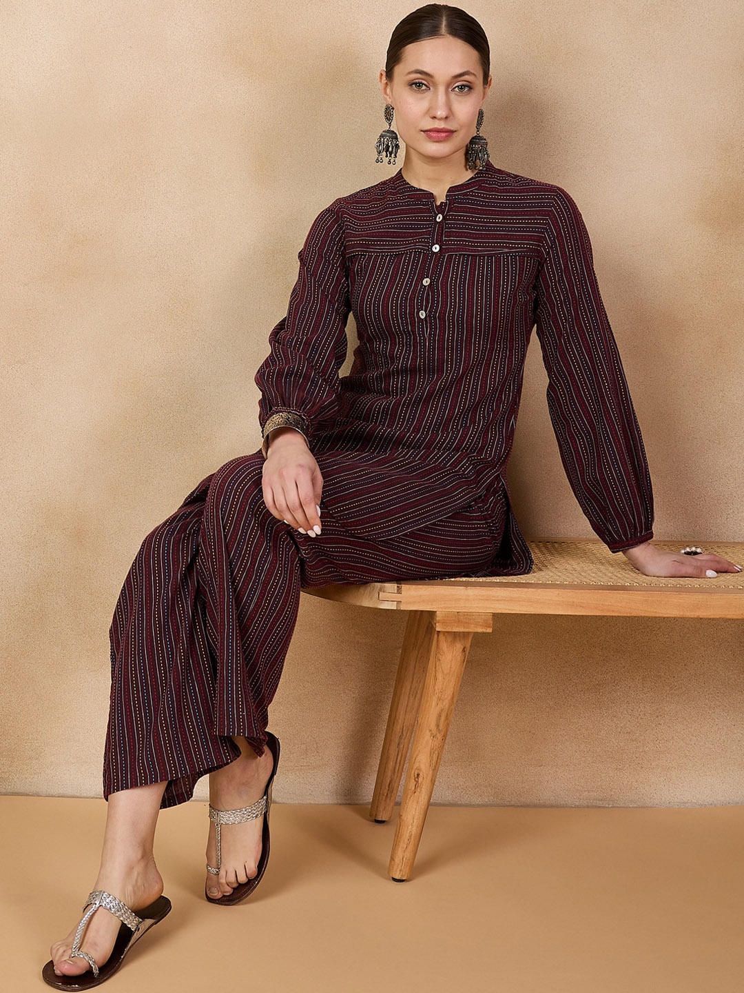 

Anouk Striped Regular Pure Cotton Straight Kurta with Trousers, Brown