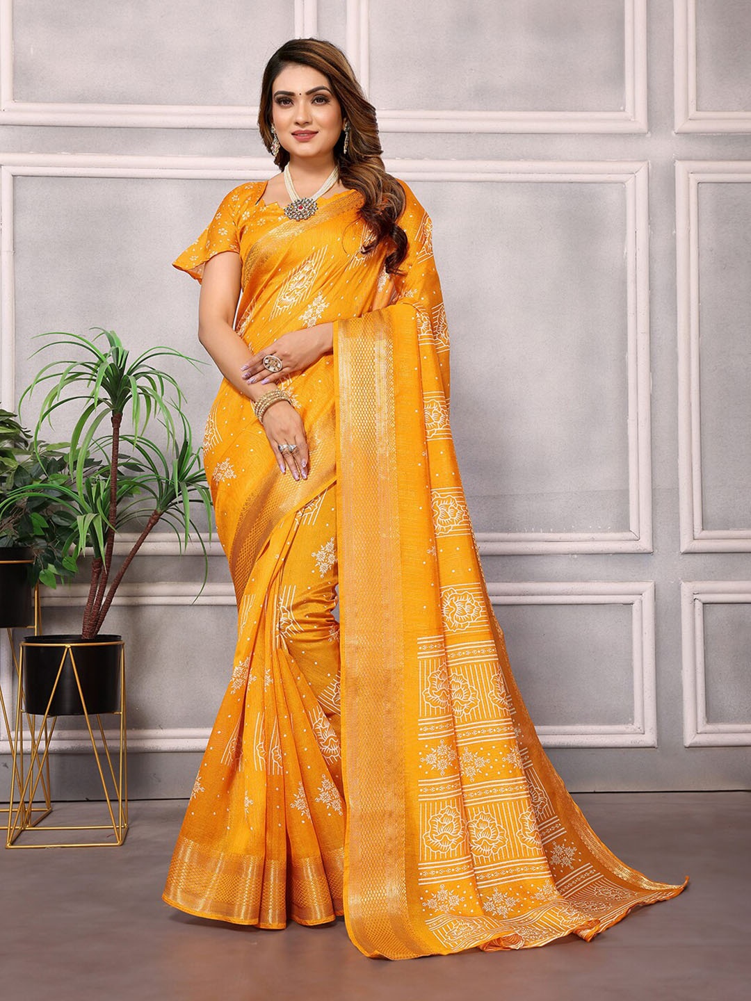 

Hema silk mills Floral Woven Design Zari Saree, Mustard