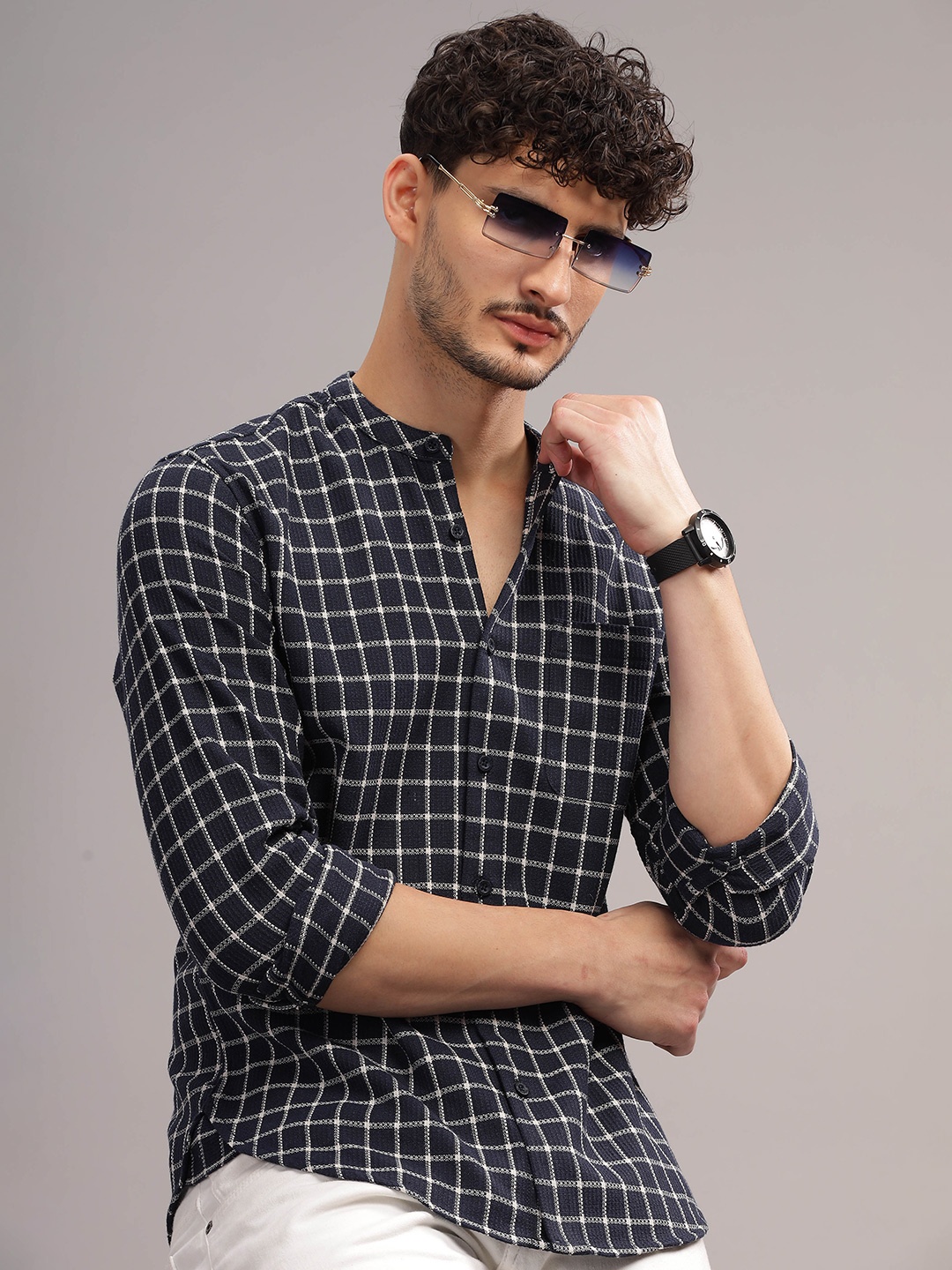 

HERE&NOW Slim Fit Grid Tattersall Checks Cotton Mandarin Collar Casual Shirt, Black