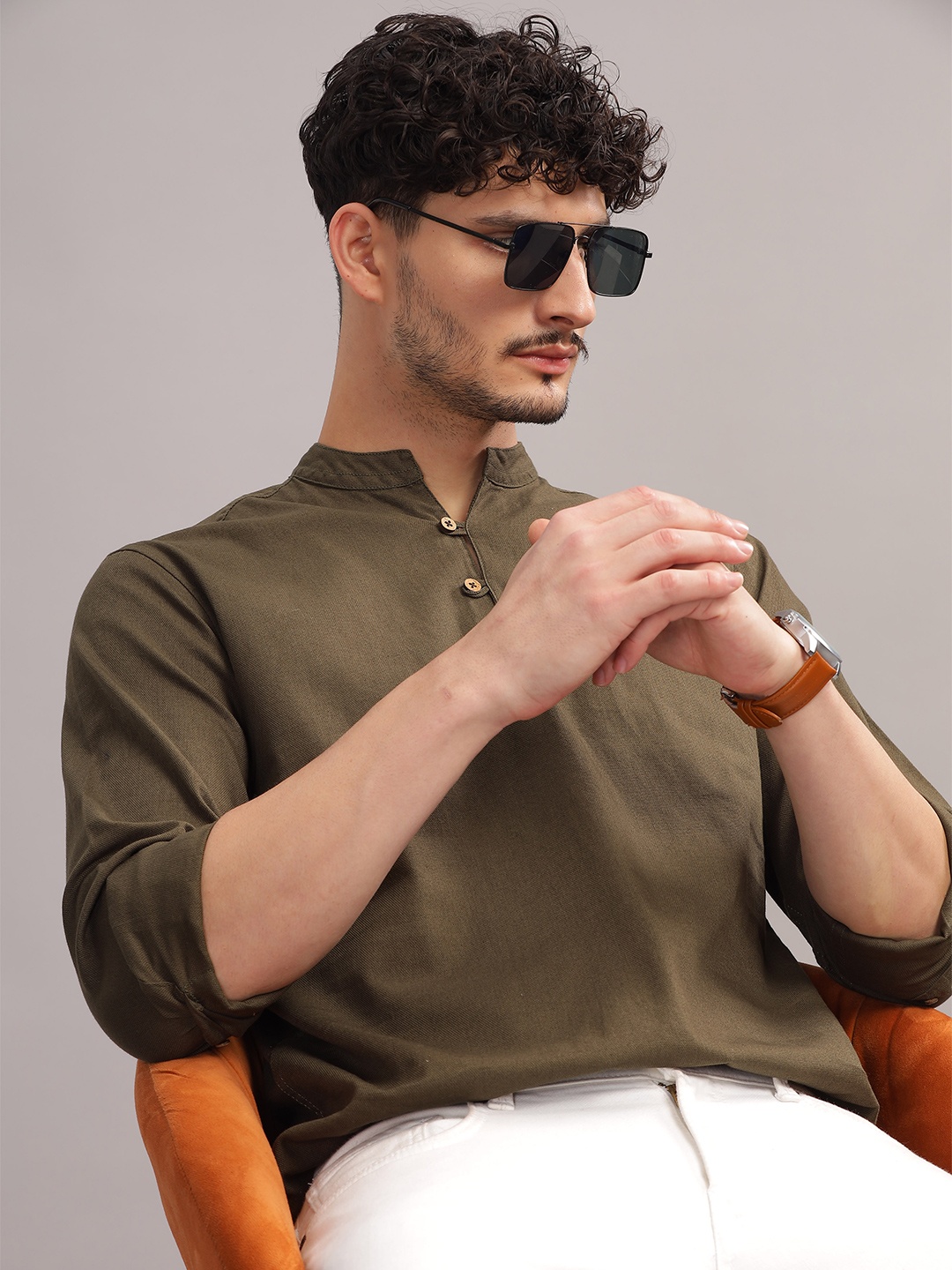 

HERE&NOW Cotton Mandarin Collar Casual Shirt, Olive