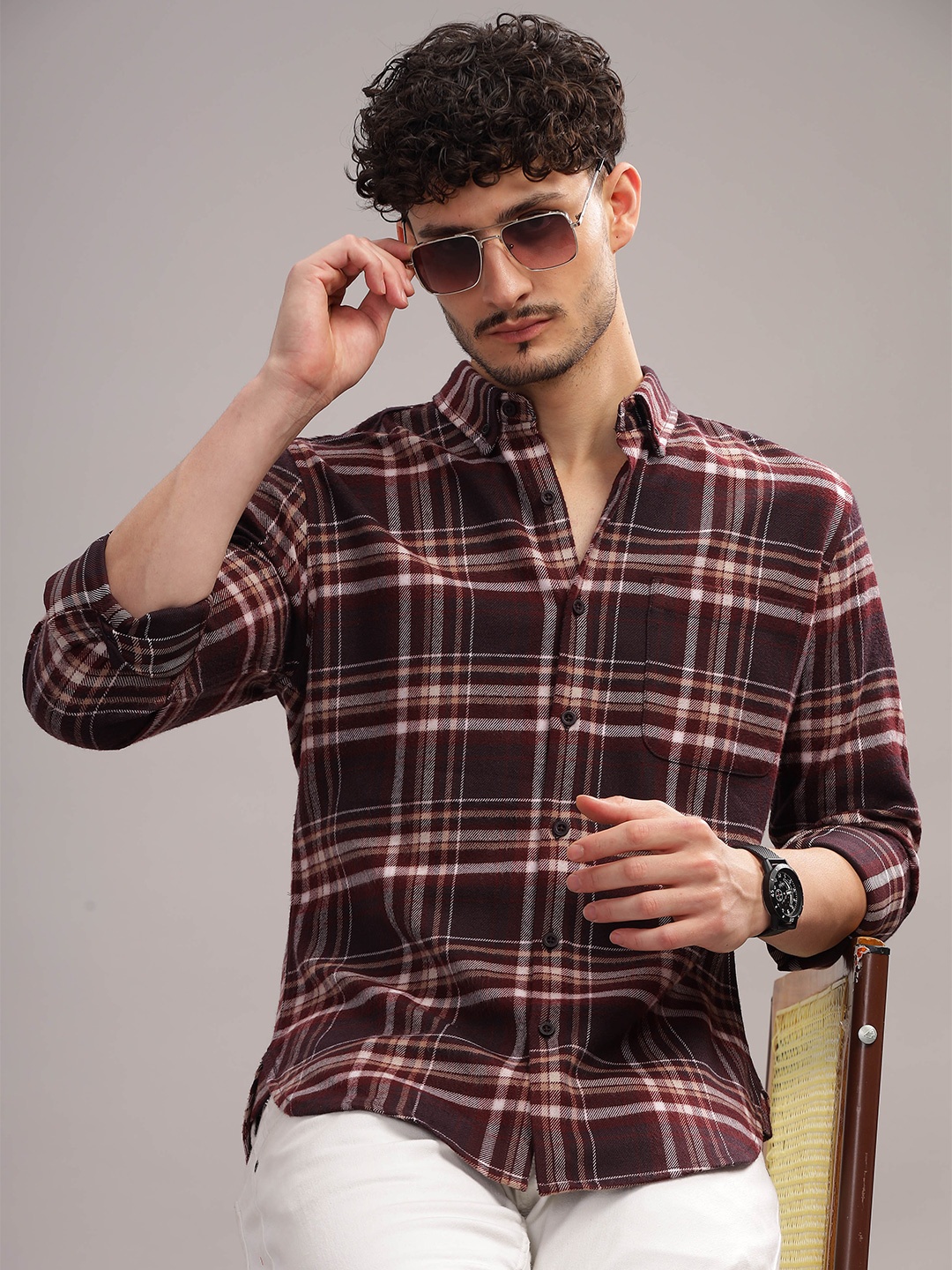 

HERE&NOW Tartan Checks Cotton Flannel Casual Shirt, Brown