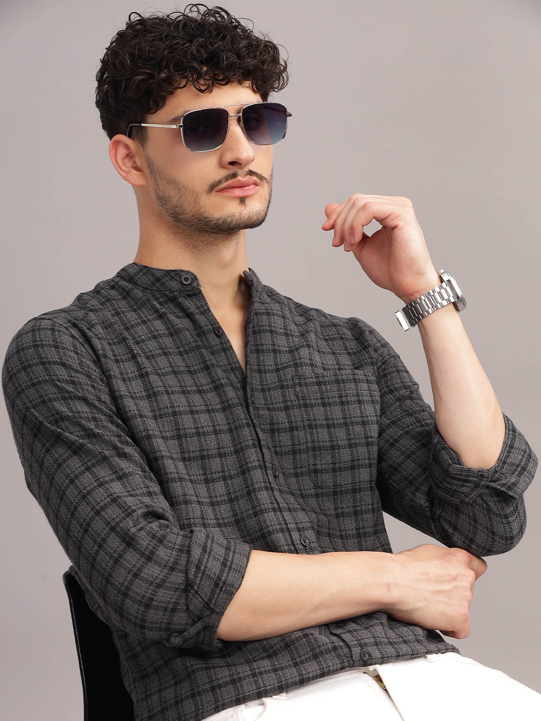 

HERE&NOW Slim Fit Checked Cotton Mandarin Collar Casual Shirt, Grey