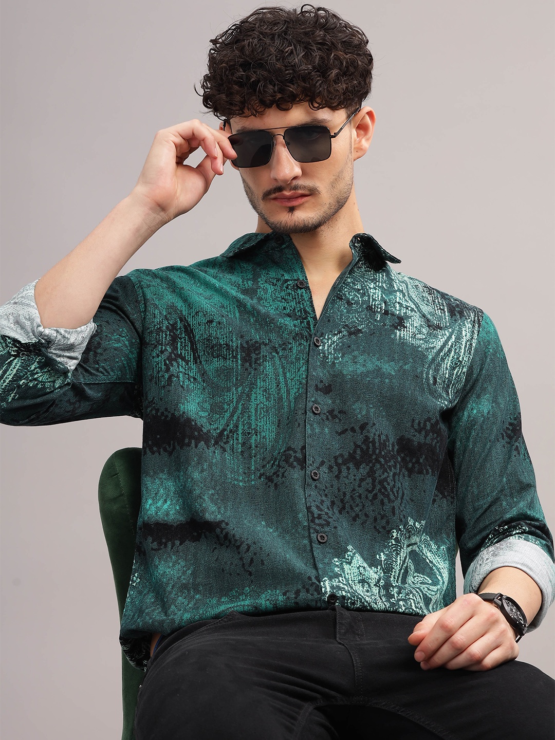 

HERE&NOW Slim Fit Abstract Printed Mandarin Collar Cotton Casual Shirt, Green