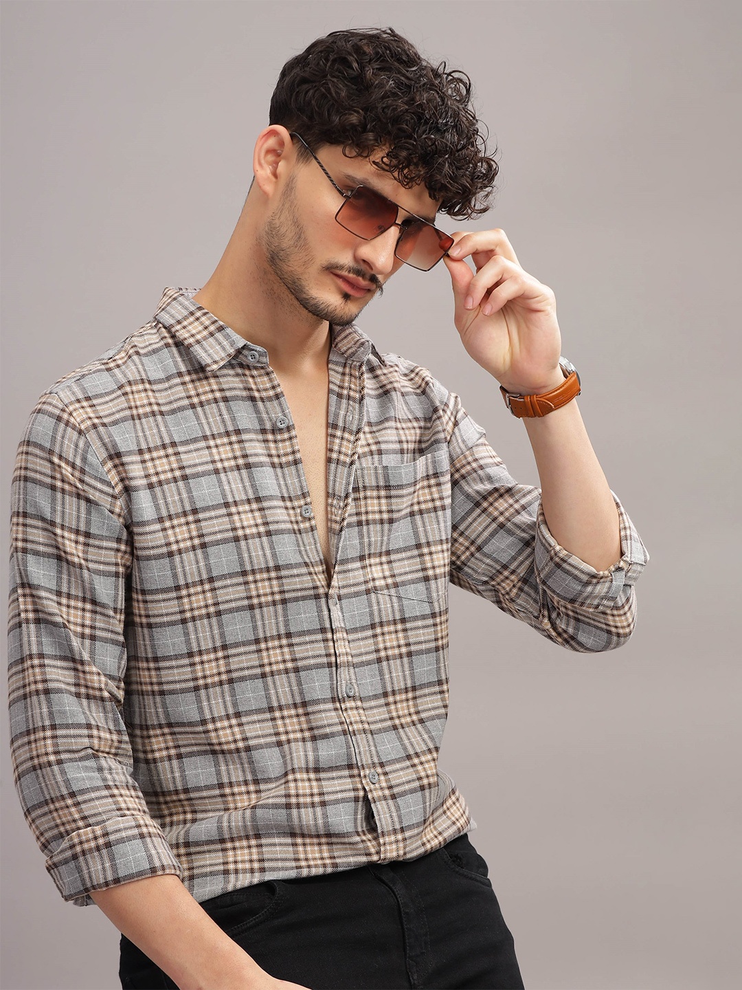 

HERE&NOW Slim Fit Tartan Checks Cotton Casual Shirt, Grey