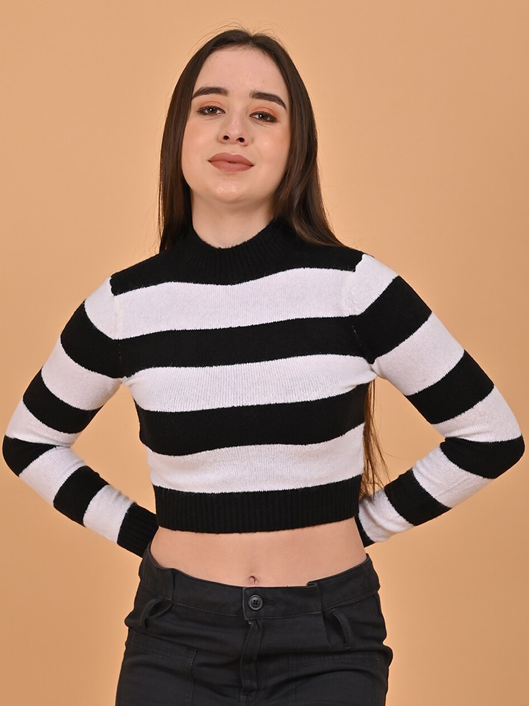 

NoBarr Striped Turtle Neck Acrylic Crop Pullover Sweater, Black