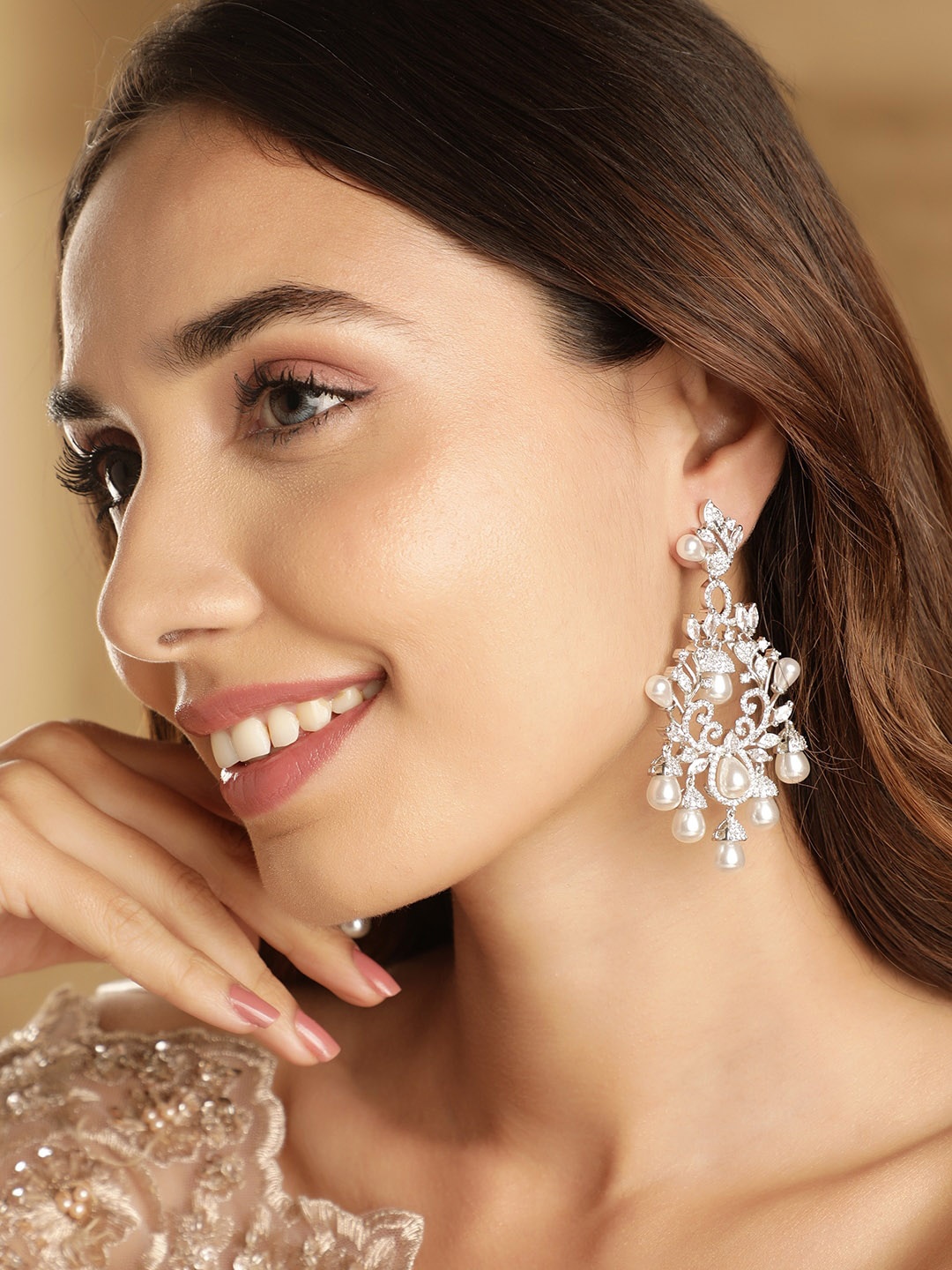 

Rubans Premium Rhodium Plated AD & Zirconia Studded with Pearl Drop Chandelier Earrings, Silver