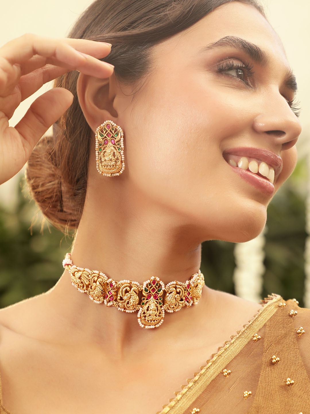 

Rubans 22KT Gold-Plated Kundan Ruby & Emerald-Studded Lakshmi Choker Set