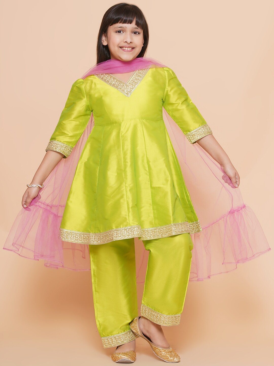 

Modish Couture Girls Regular Kurta with Palazzos & Dupatta, Lime green