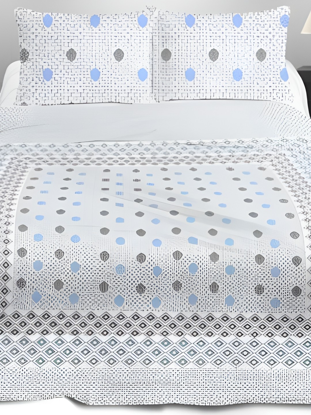 

Signature Blue & Grey Geometric King Bedsheet with 2 Pillow Covers