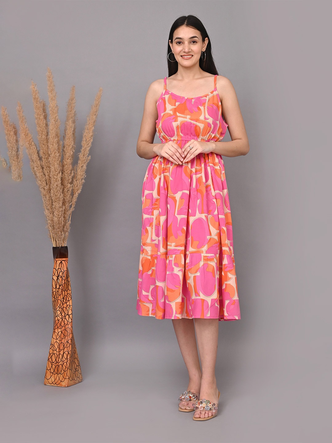 

IQRAAR Abstract Printed Shoulder Straps Fit & Flare Dress, Pink