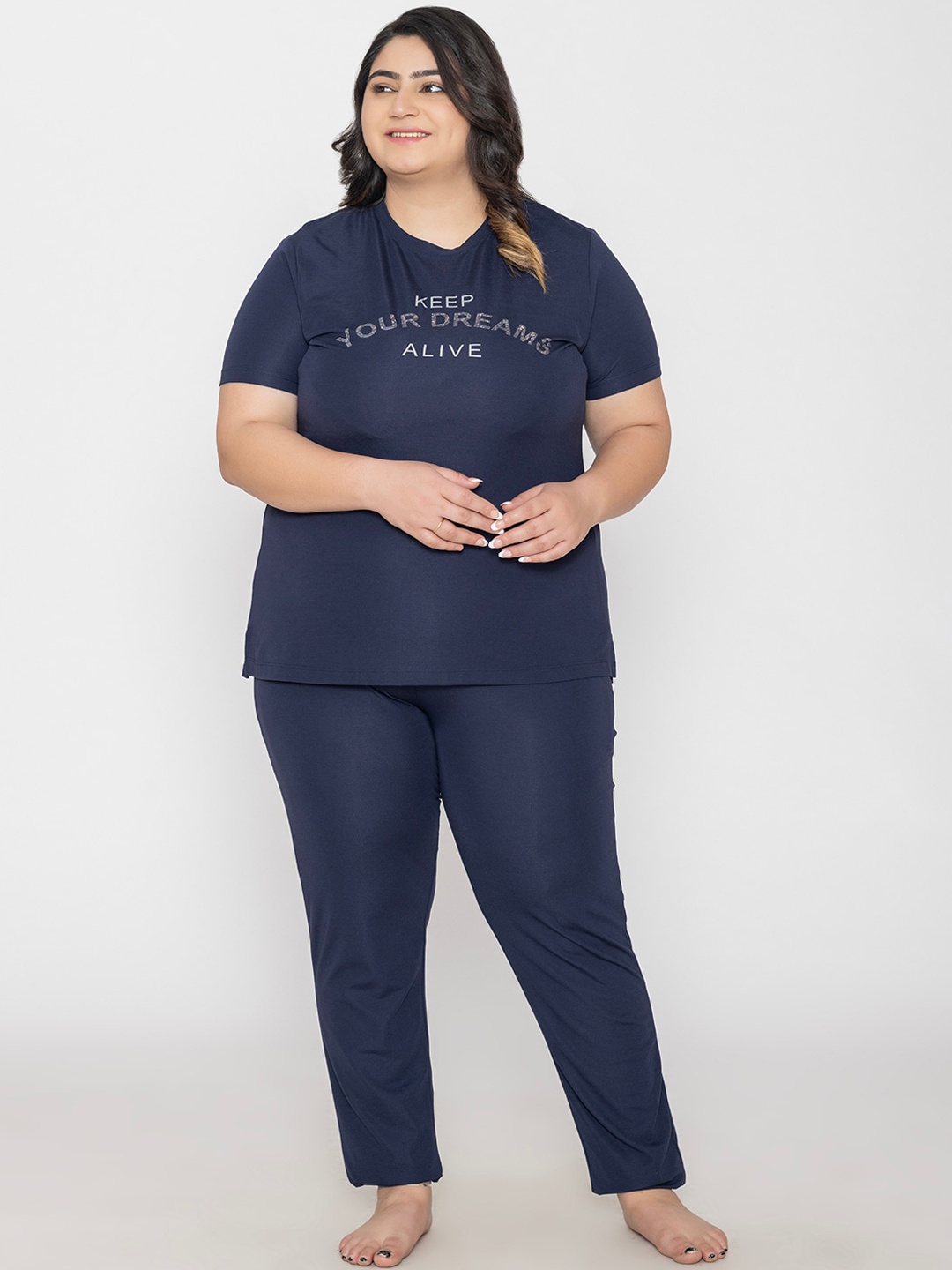 

TITTLI Plus Size Typography Printed Round Neck Pure Cotton Night Suit, Navy blue