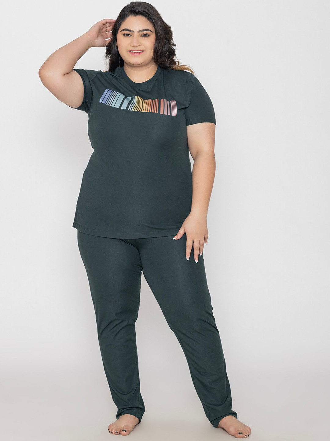 

TITTLI Plus Size Geometric Printed Round Neck Pure Cotton Night Suit, Teal