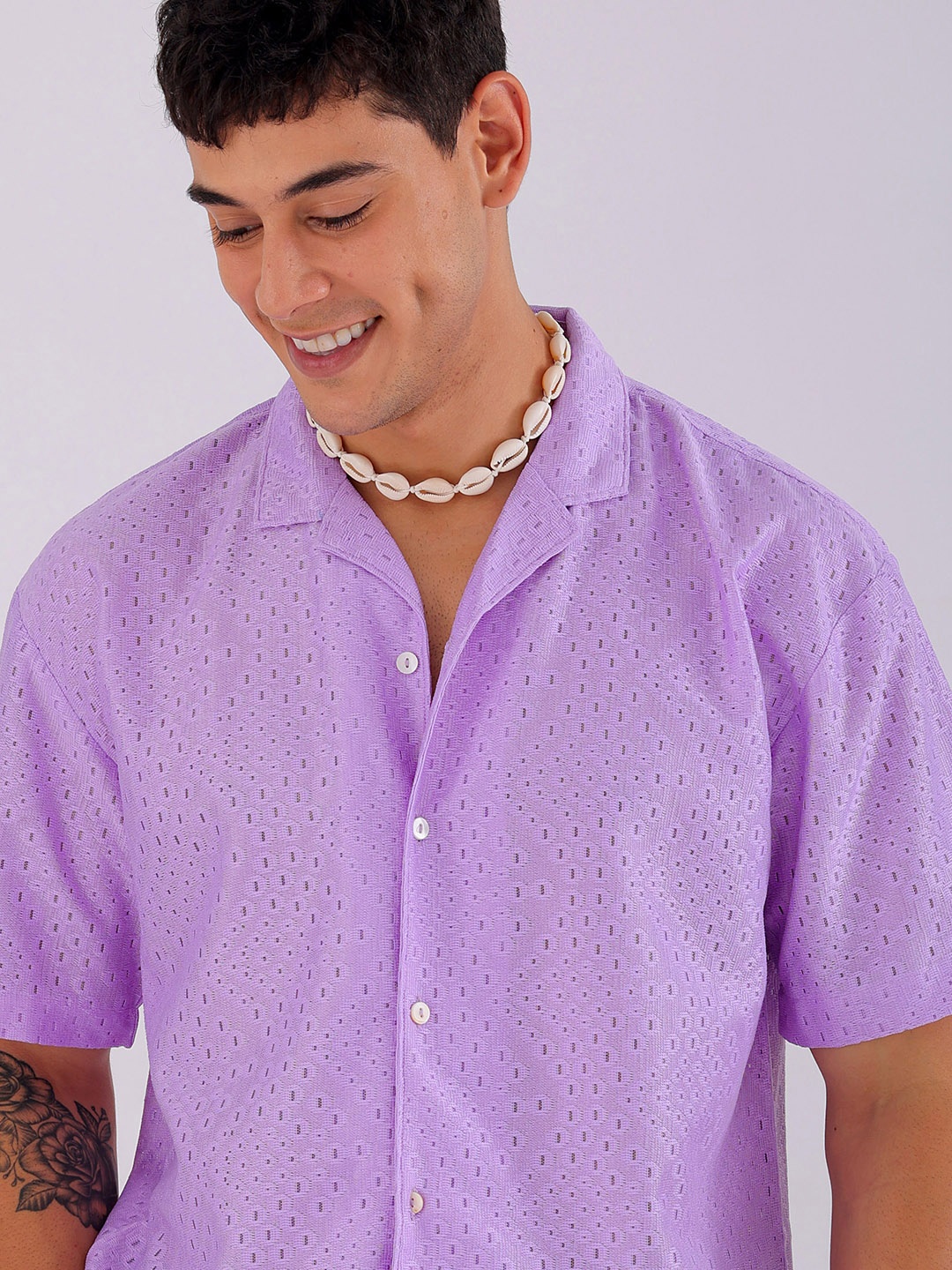 

The Indian Garage Co Men Relaxed Fit Solid Warp Knit Lace Resortwear Shirt, Lavender