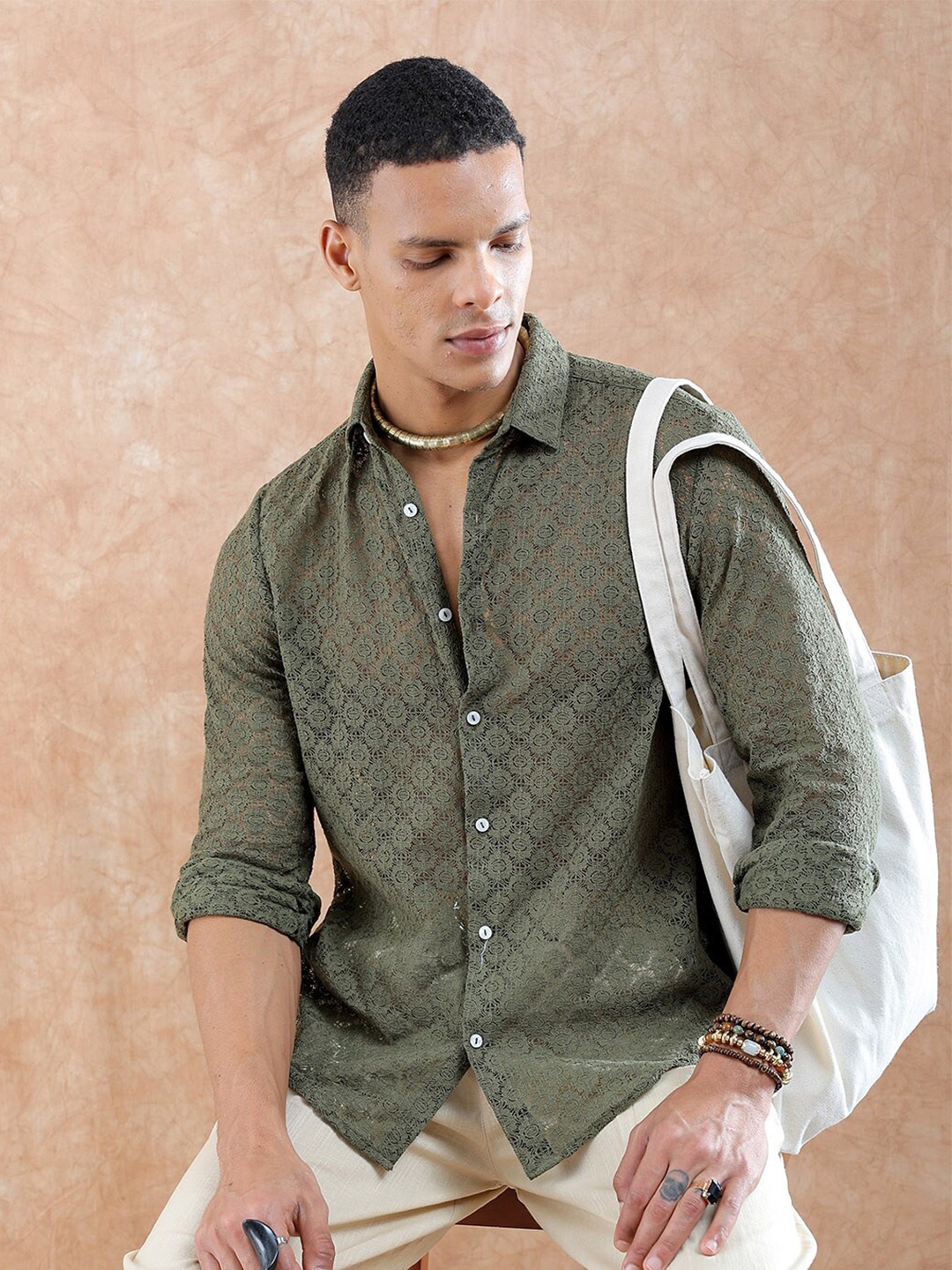 

The Indian Garage Co Slim Fit Textured Spread Collar Long Sleeves Casual Shirt, Olive