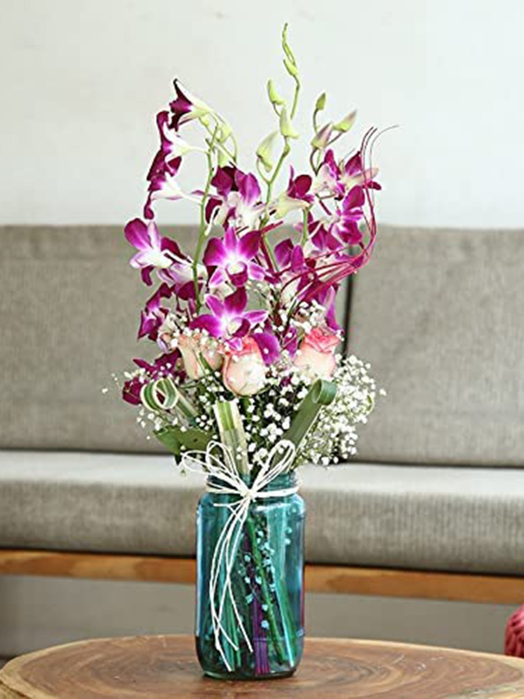 

Floweraura 6-Pcs Purple Orchids & 4 -Pcs Pink Rose Flowers Bouquet With Glass Vase