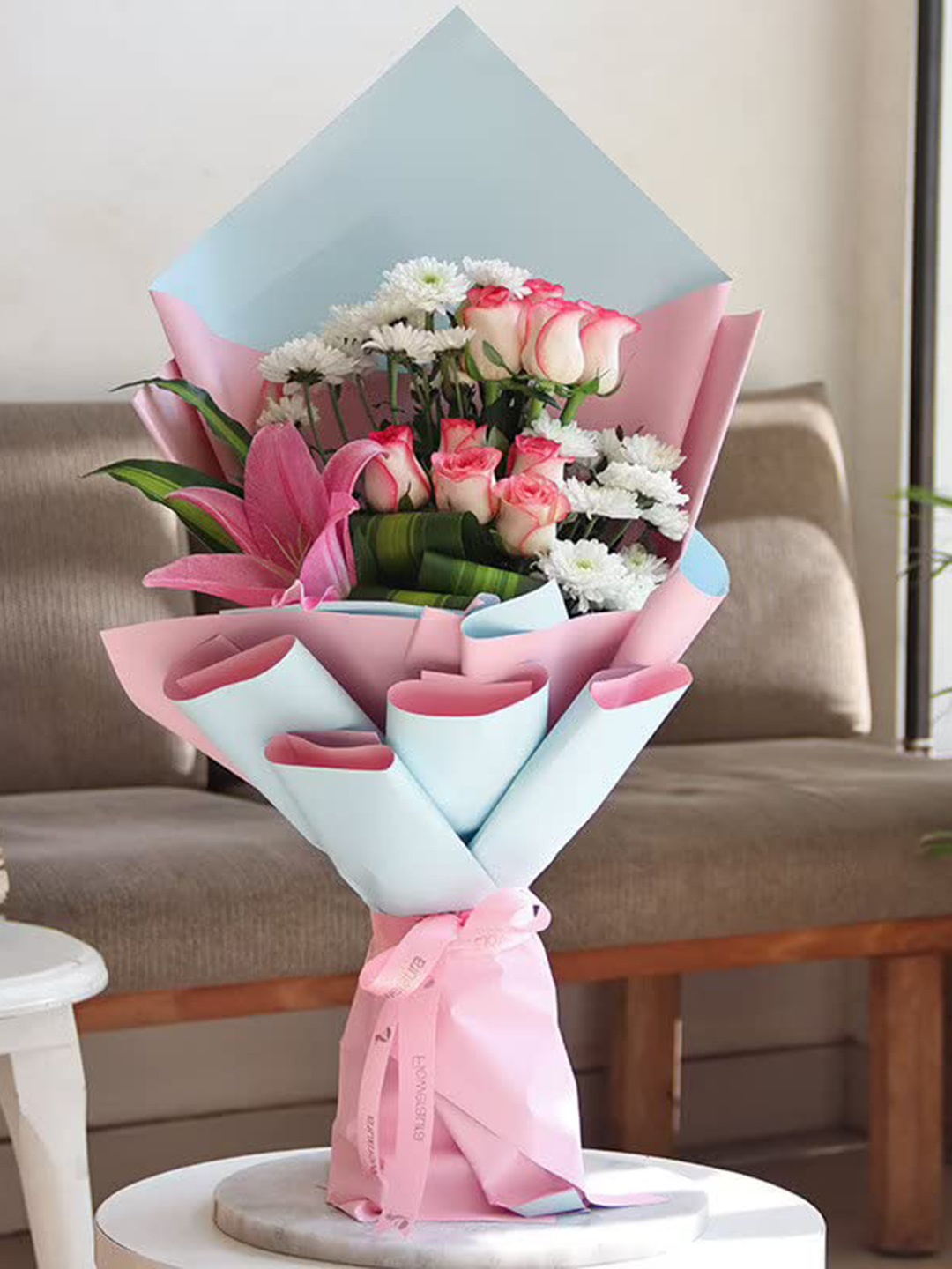 

Floweraura Pink 9 Roses With 1 Pink Lily & 2 White Daisy Flowers Bouquet In Wrapping Paper