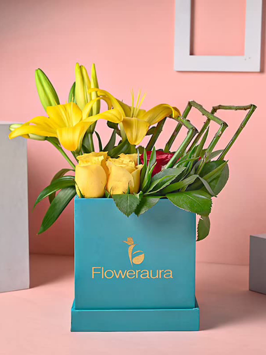 

Floweraura 10-Pcs Yellow & Red Fresh Live Roses With Lillies & Gift Box