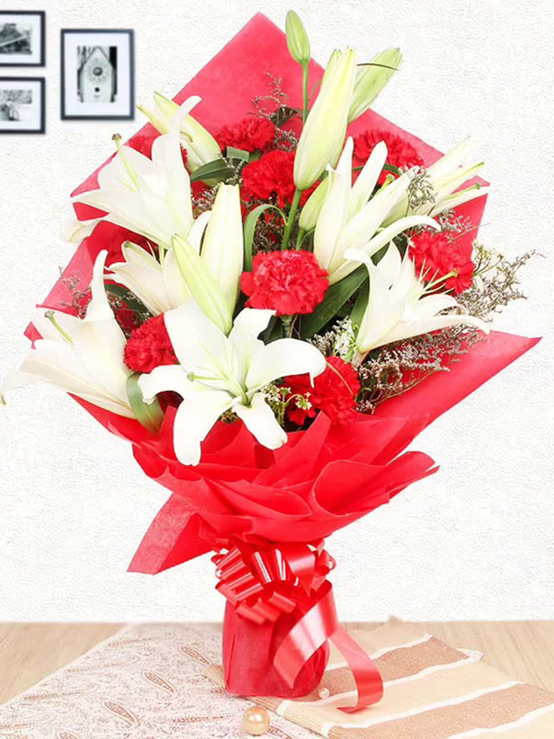 

Floweraura Red & White 13Pcs Mixed Fresh Live Carnations & Lilies Flowers Bouquet