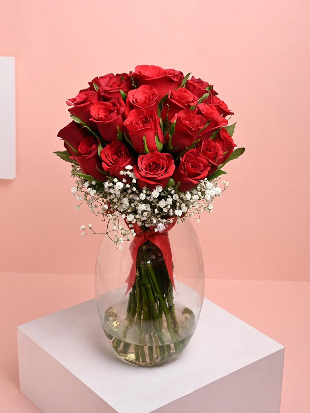 

Floweraura Red and Green 24 Pieces Fresh Live Roses Flowers Bouquet With Glass Vase