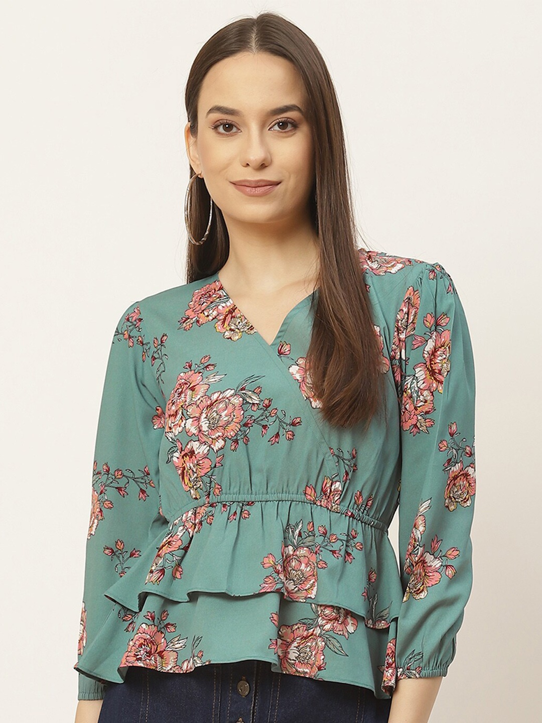 

Slenor Floral Print Puff Sleeve Layered Wrap Top, Green