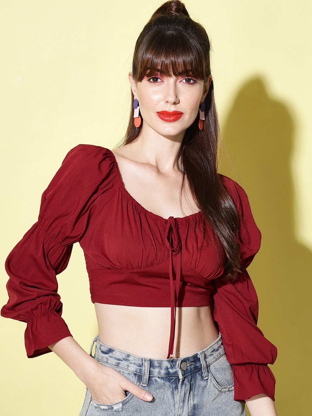 

Slenor Tie-Up Neck Crepe Blouson Crop Top, Maroon