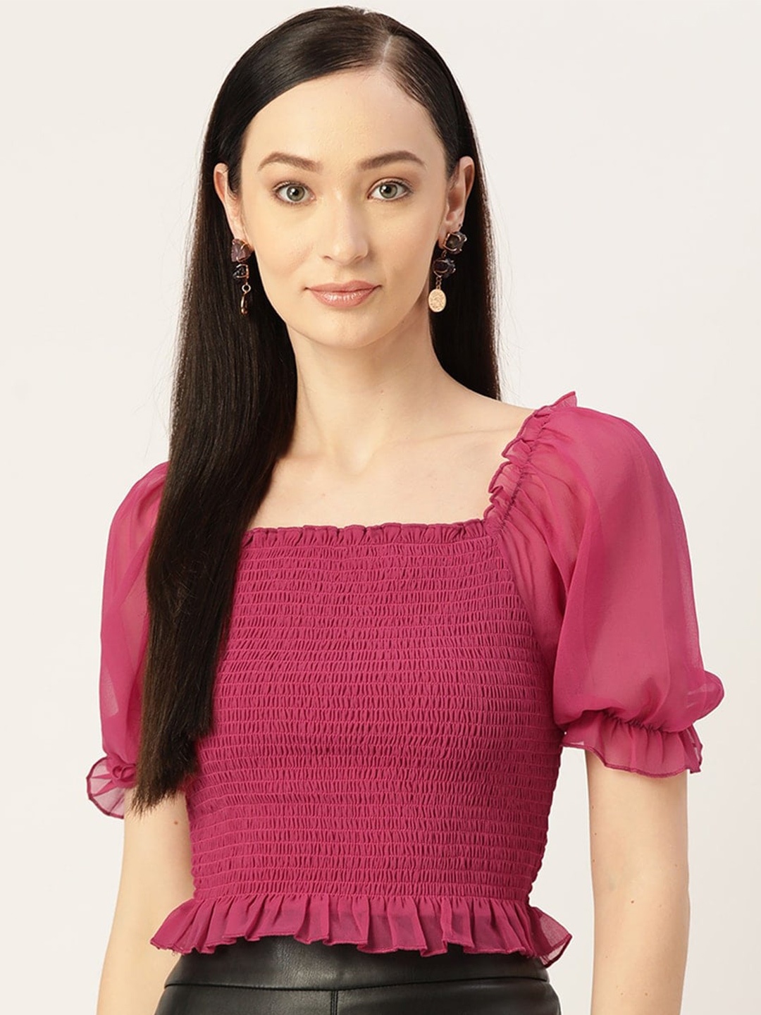 

Slenor Puff Sleeve Square Neck Regular Crop Top, Pink