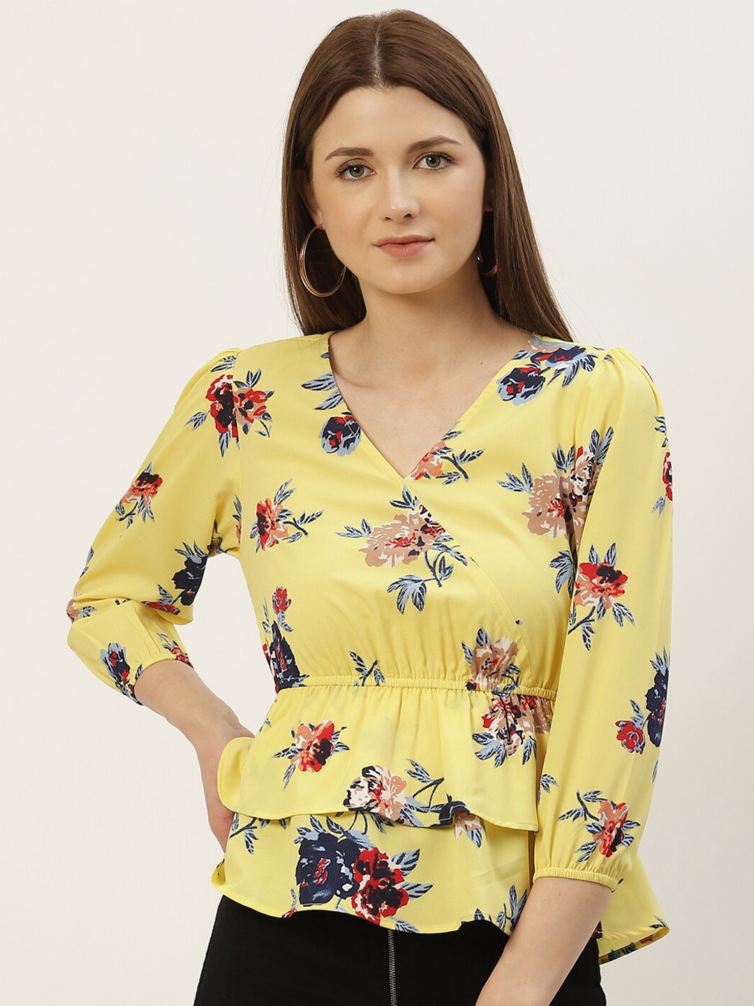 Slenor V-Neck Floral Print Layered Empire Top, Yellow