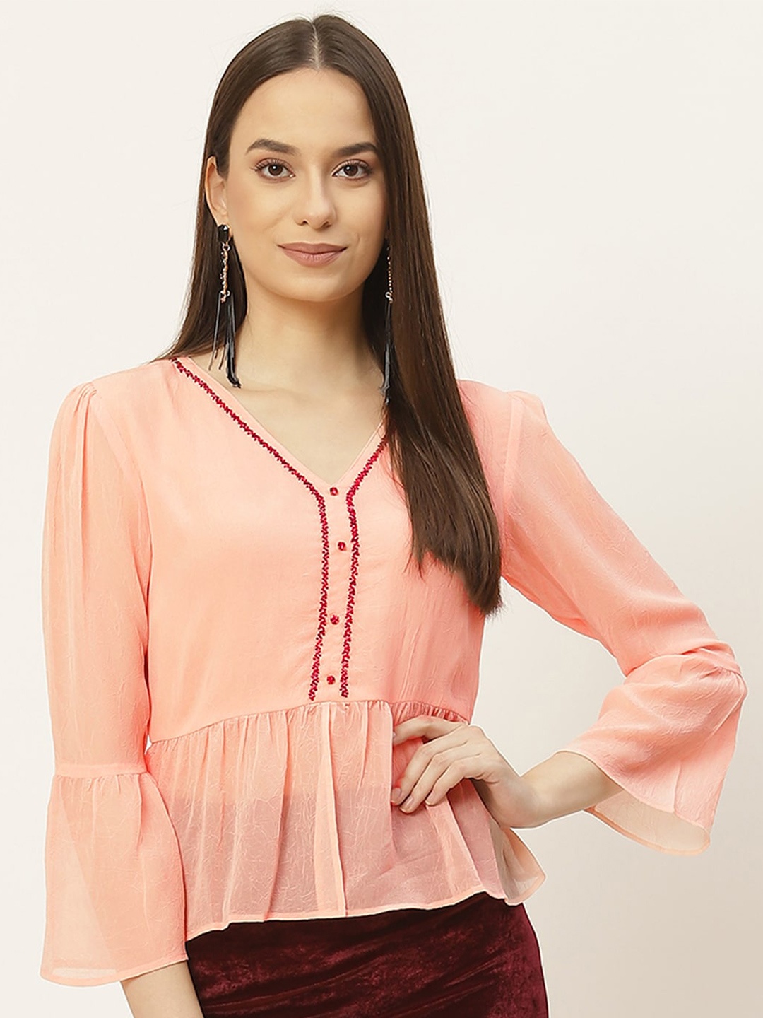 

Slenor Bell Sleeve Georgette Peplum Top, Orange