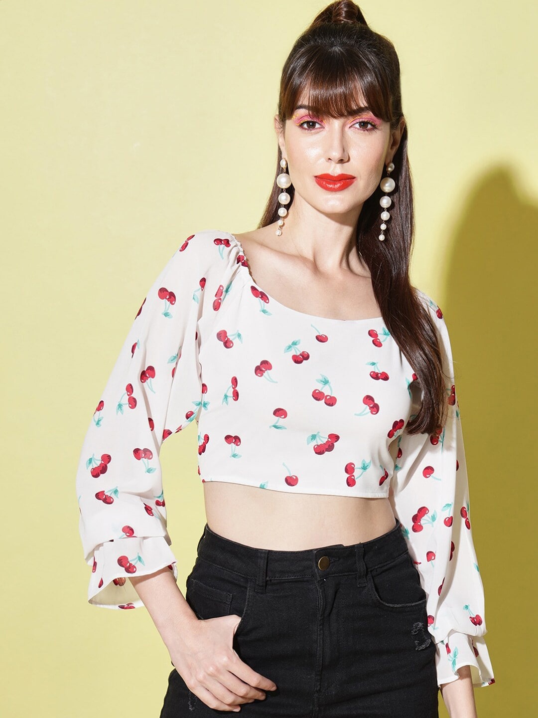 

Slenor Floral Printed Puff Sleeve Georgette Crop Top, White