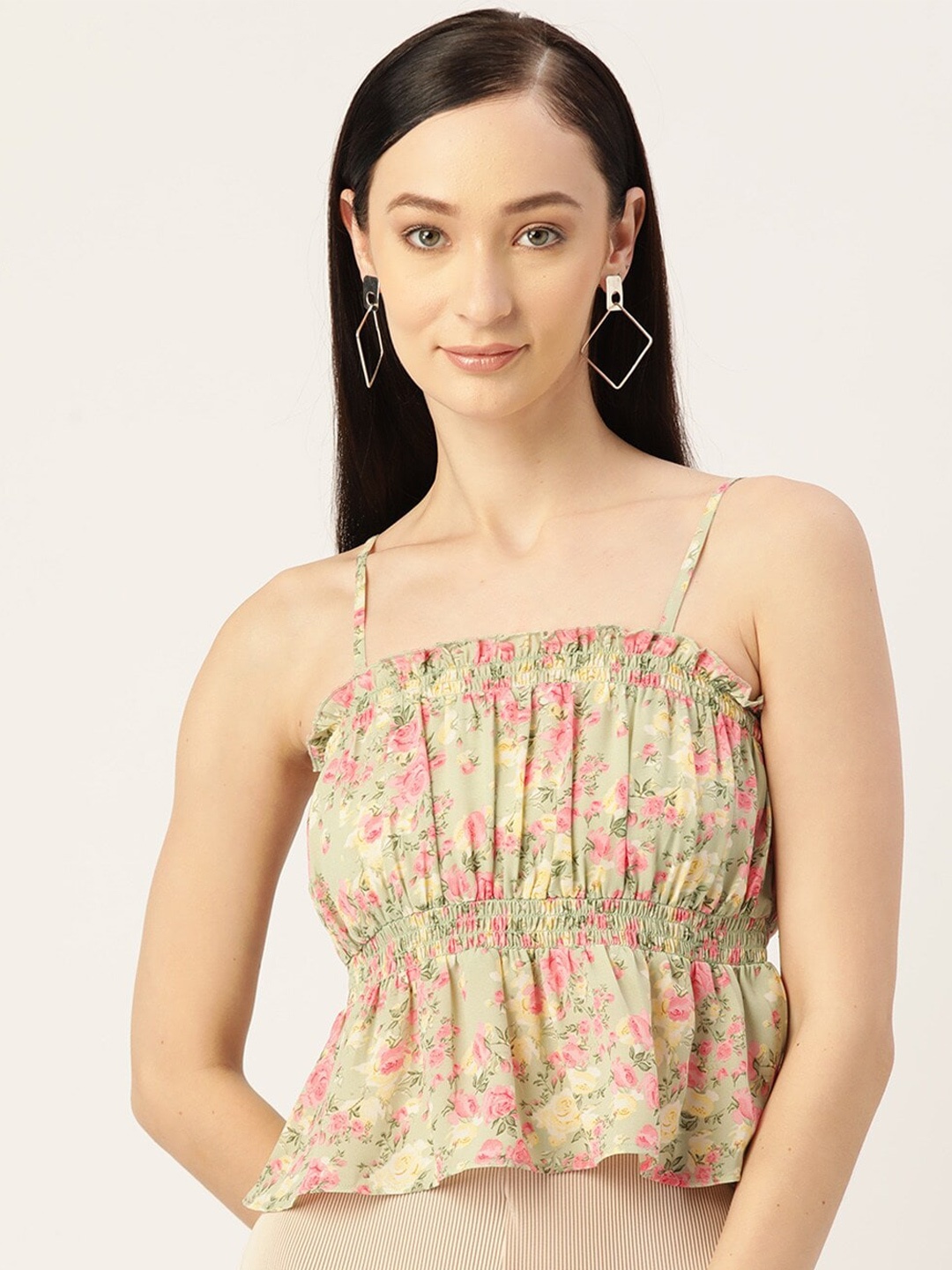 

Slenor Floral Printed Georgette Cinched Waist Top, Beige