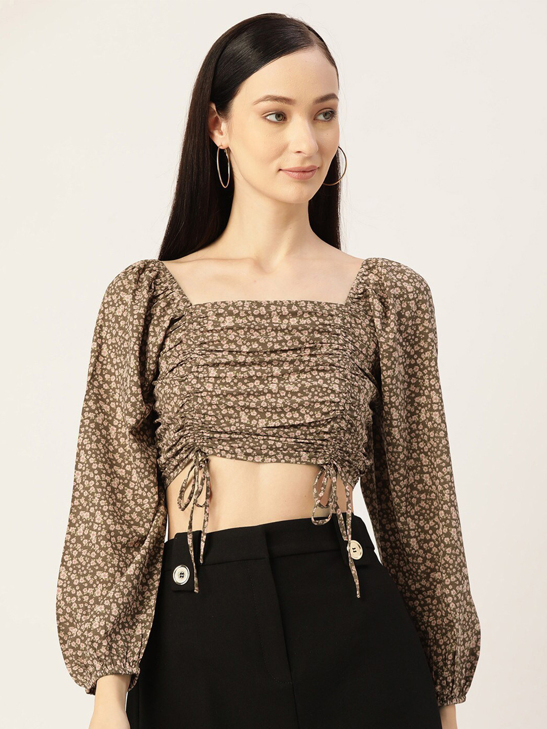 

Slenor Animal Printed Puff Sleeve Georgette Crop Top, Brown