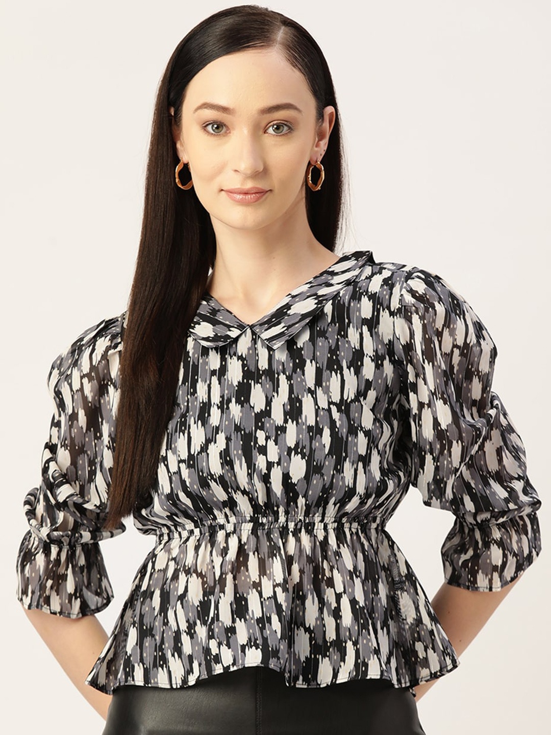 

Slenor Animal Printed Puff Sleeve Georgette Cinched Waist Top, Black