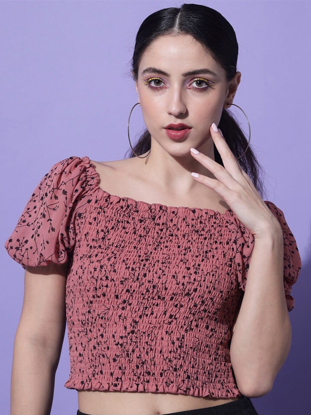 

Slenor Floral Printed Georgette Bardot Crop Top, Peach