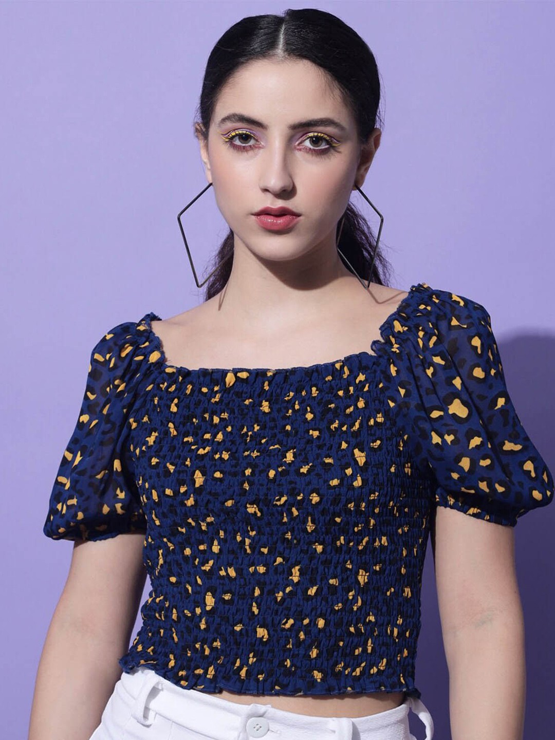 

Slenor Floral Printed Puff Sleeve Georgette Crop Top, Blue