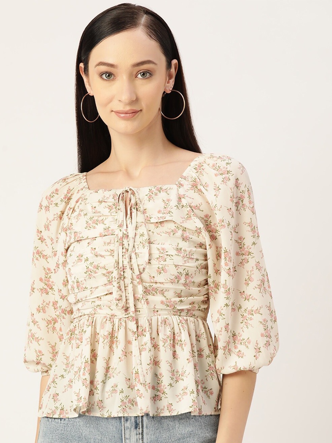 

Slenor Floral Printed Tie-Up Neck Puff Sleeve Georgette Peplum Top, Cream