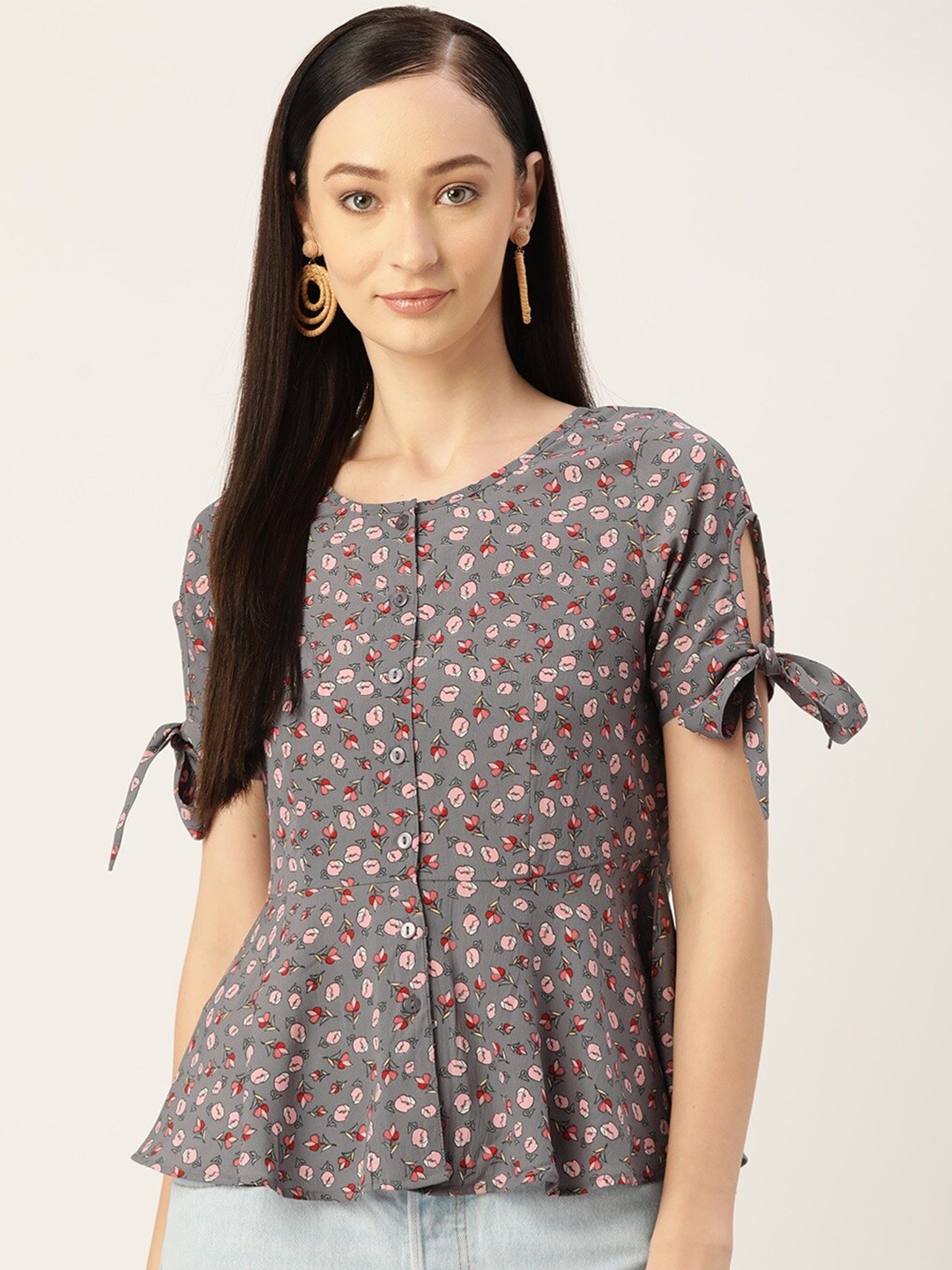 

Slenor Floral Printed Crepe Peplum Top, Grey