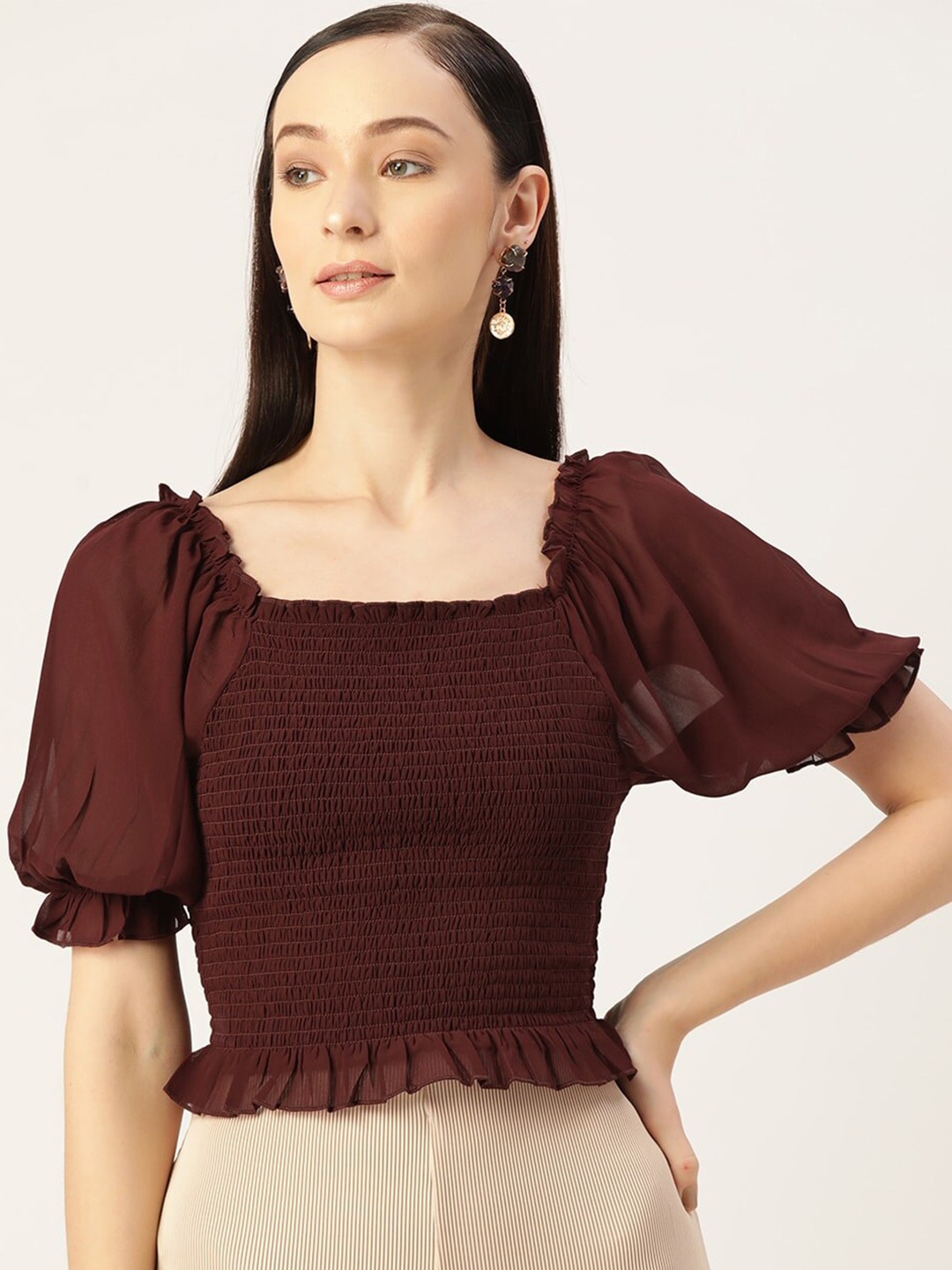 

Slenor Puff Sleeve Smocked Georgette Crop Top, Maroon