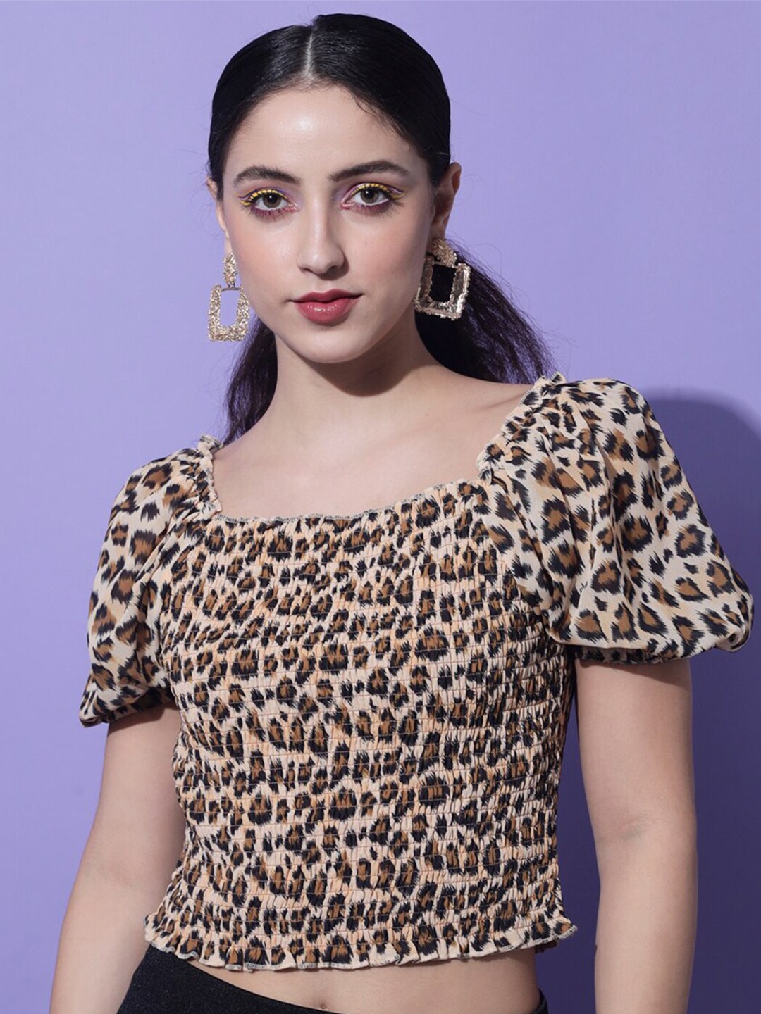 

Slenor Animal Printed Puff Sleeve Georgette Crop Top, Cream