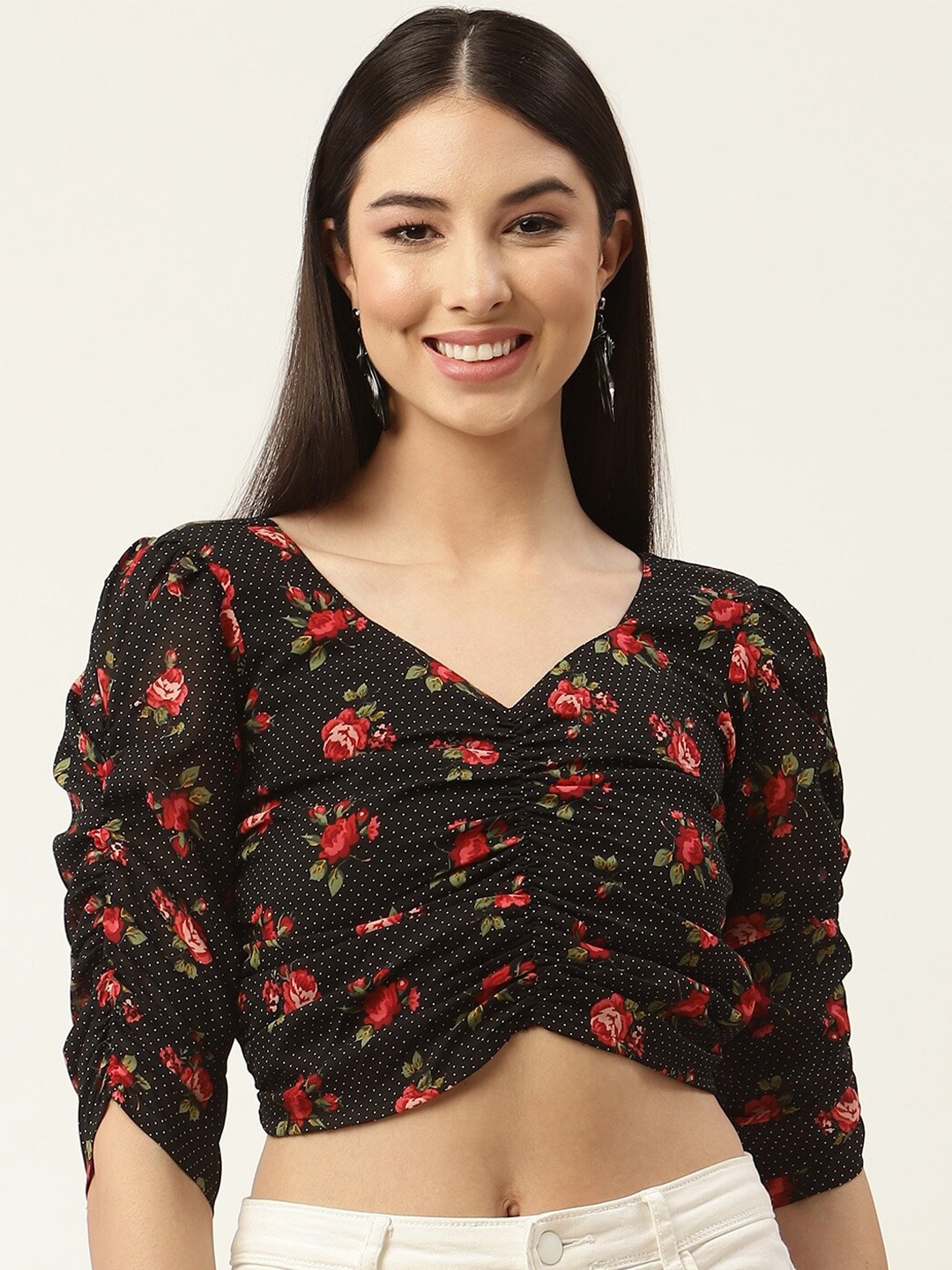 Slenor Floral Printed Georgette Crop Top, Black