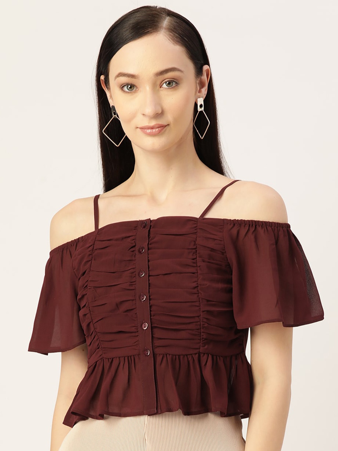 

Slenor Flared Sleeve Georgette Bardot Crop Top, Maroon