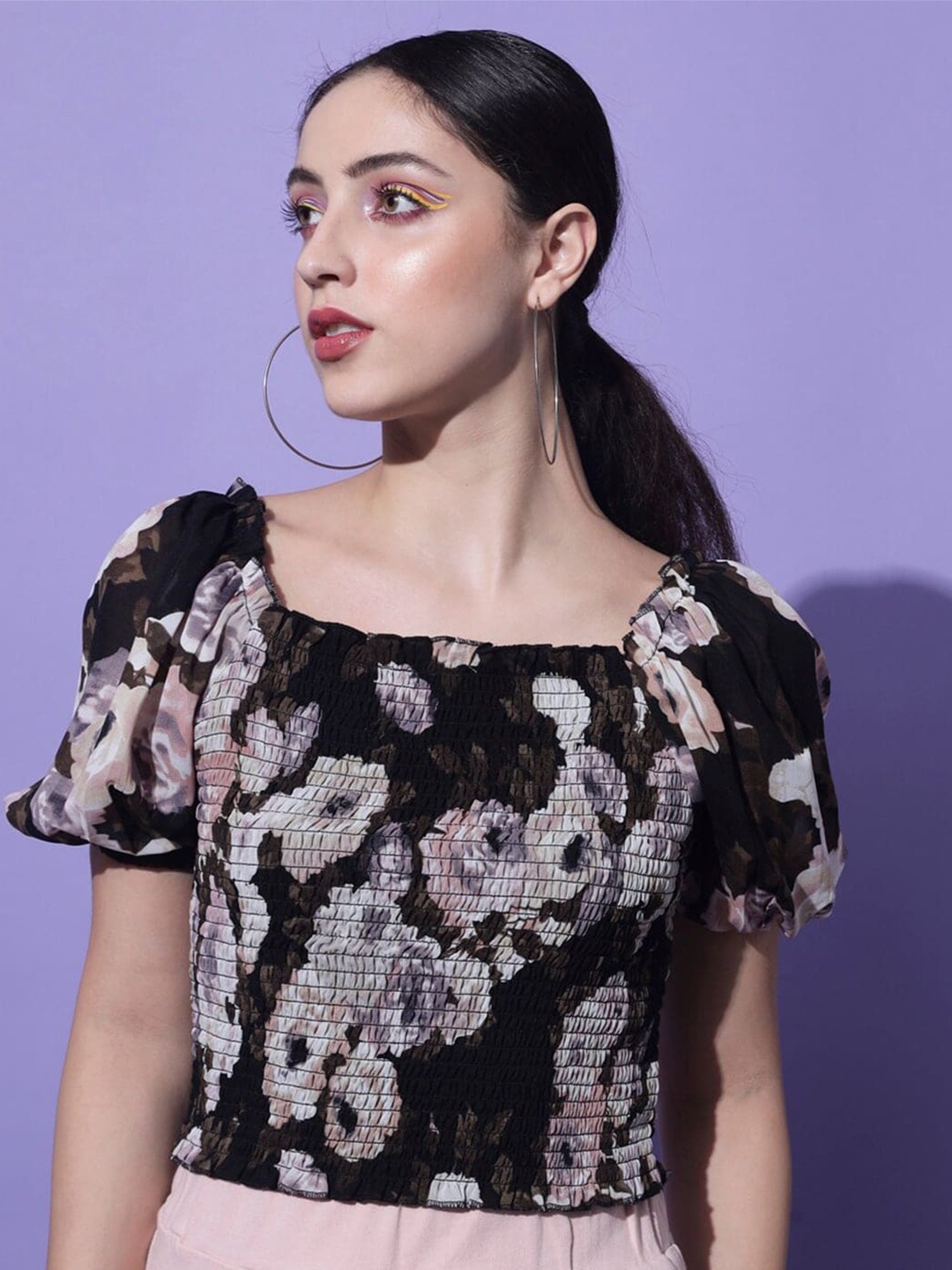

Slenor Floral Printed Puff Sleeve Georgette Top, Black