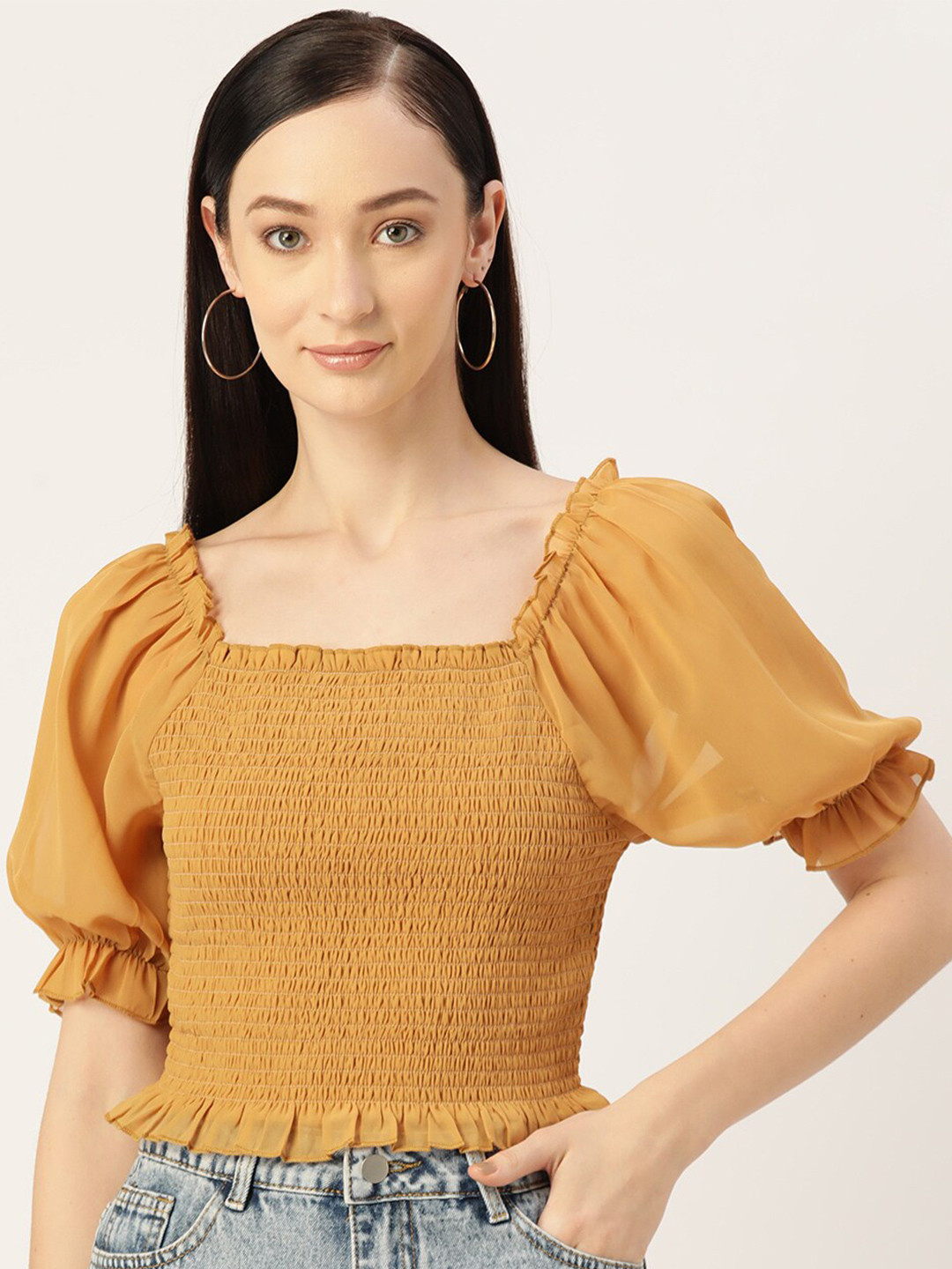 

Slenor Puff Sleeve Smocked Georgette Top, Yellow