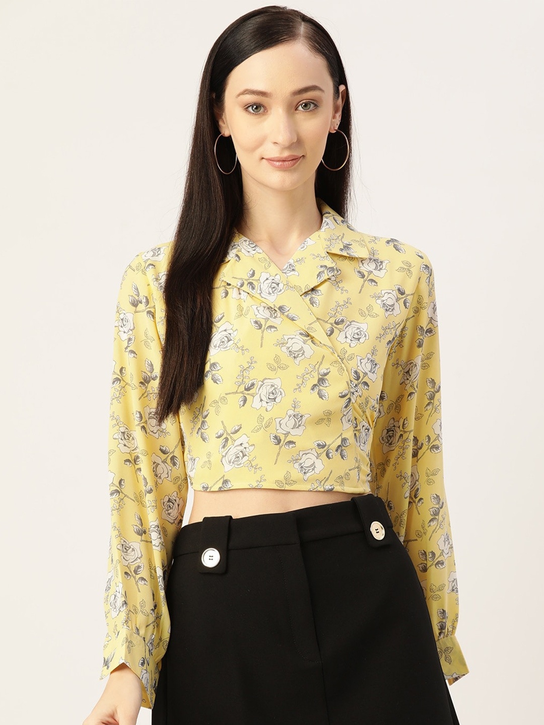 Slenor Floral Printed Georgette Crop Top, Yellow