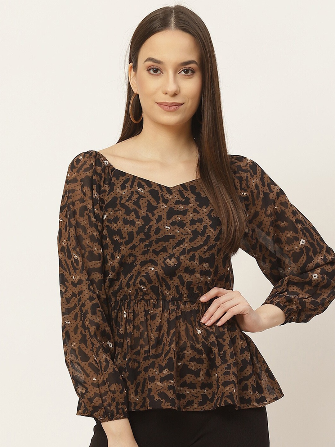 

Slenor Animal Printed V-Neck Puff Sleeves Cinched Waist Top, Brown