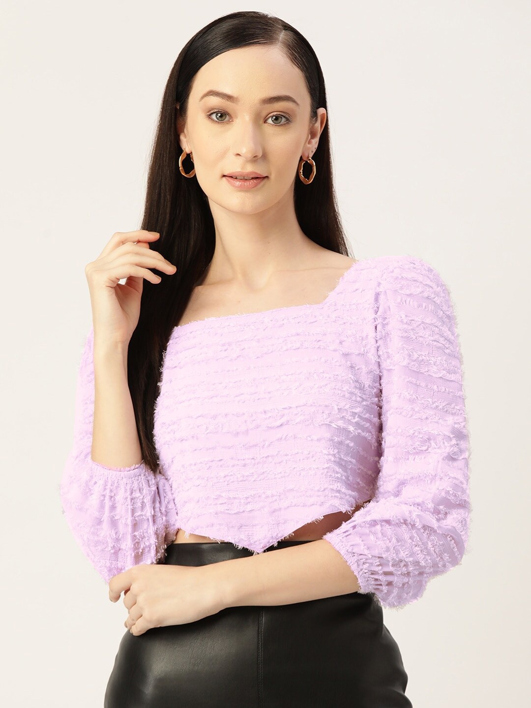 

Slenor Self Design Square Neck Puff Sleeves Crop Top, Purple