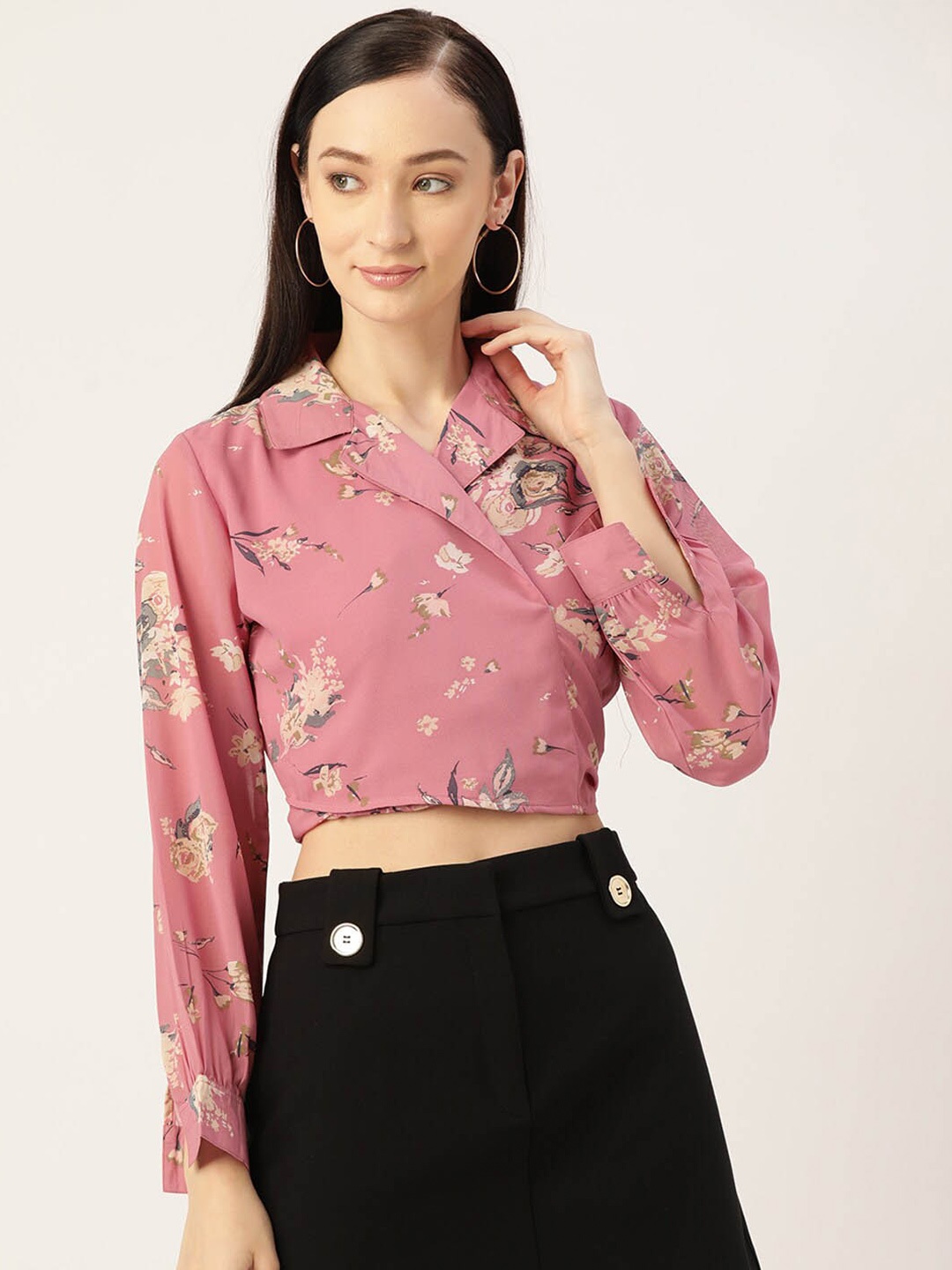 

Slenor Floral Printed Shirt Collar Wrap Crop Top, Pink