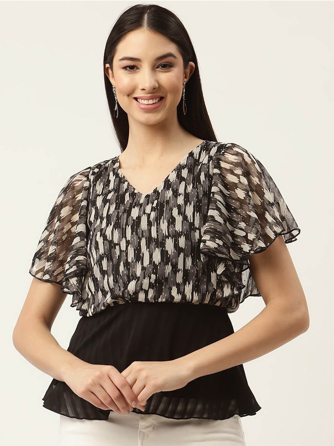 

Slenor Abstract Printed V-Neck Flutter Sleeves Peplum Top, Black