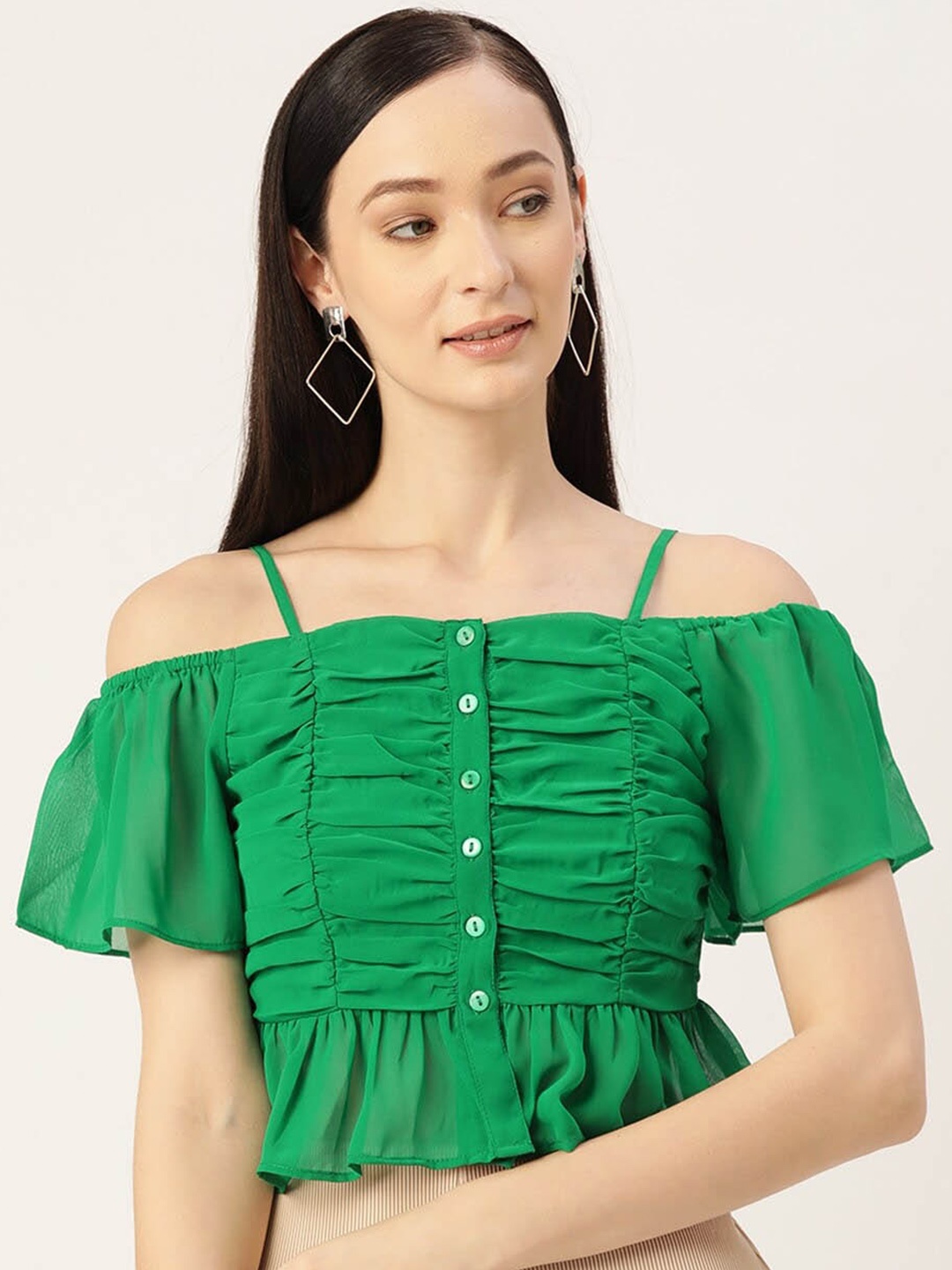 

Slenor Off-Shoulder Flared Sleeves Bardot Crop Top, Green