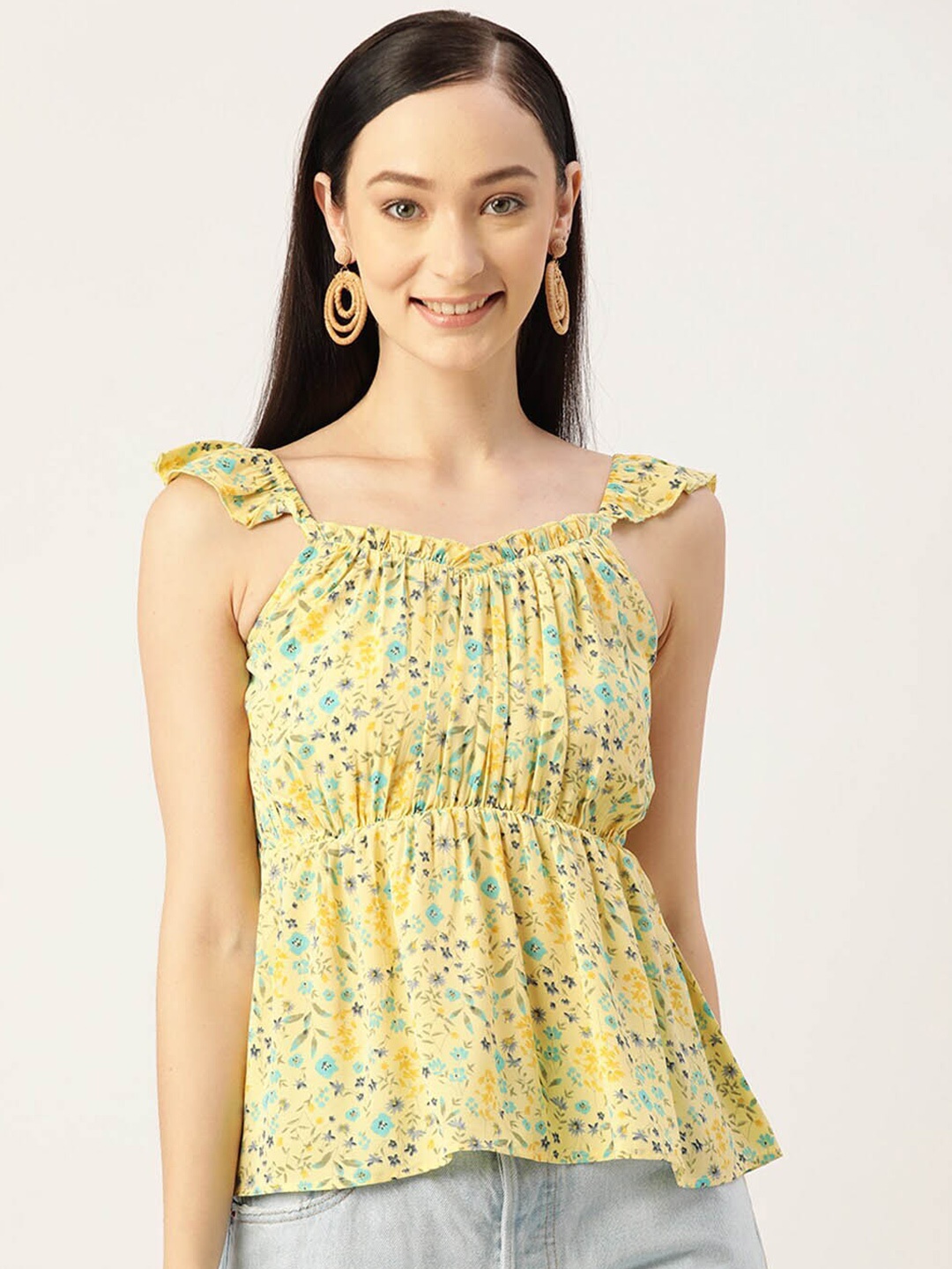 

Slenor Floral Printed Sleeveless Cinched Waist Top, Yellow